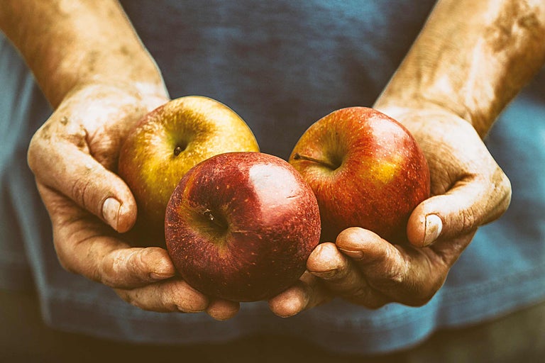 Handen houden drie appels vast