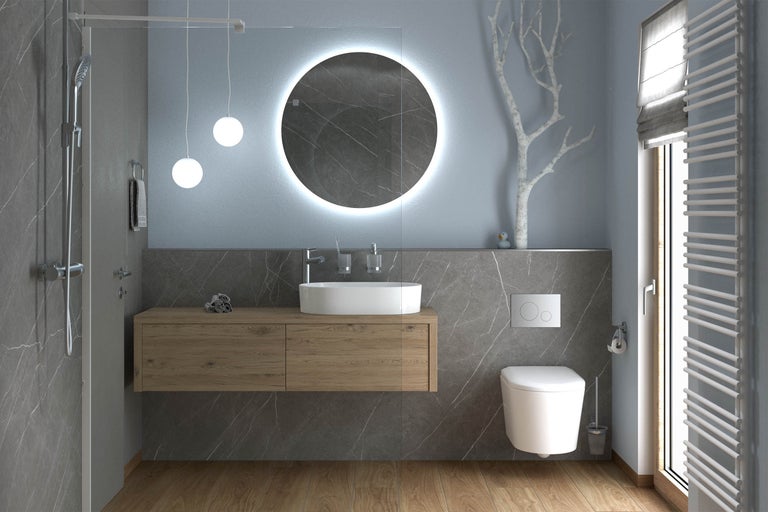 Moderne badkamer met houten wastafelonderkast, ronde spiegel met ledverlichting, opzetwastafel, hangend toilet en douche.