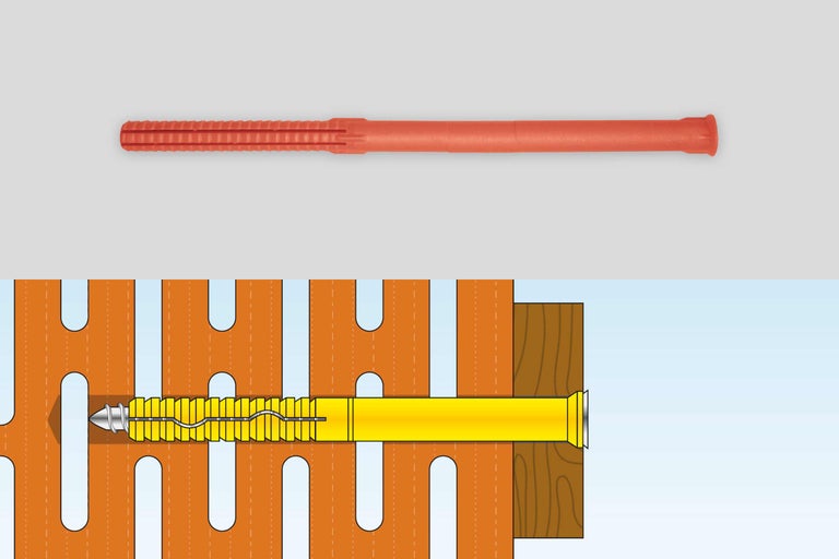 Illustratie van een plugbevestiging in metselwerk en hout
