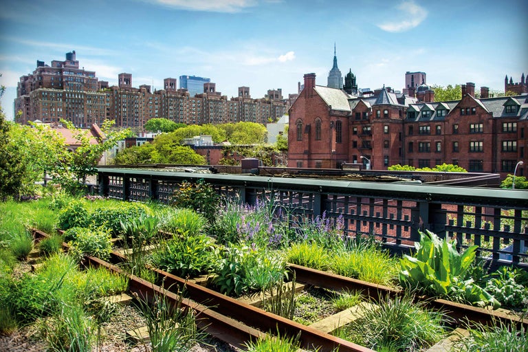 Landschapsbeeld met stedelijke tuin op een verhoogde promenade met metalen leuning en historische bakstenen gebouwen op de achtergrond