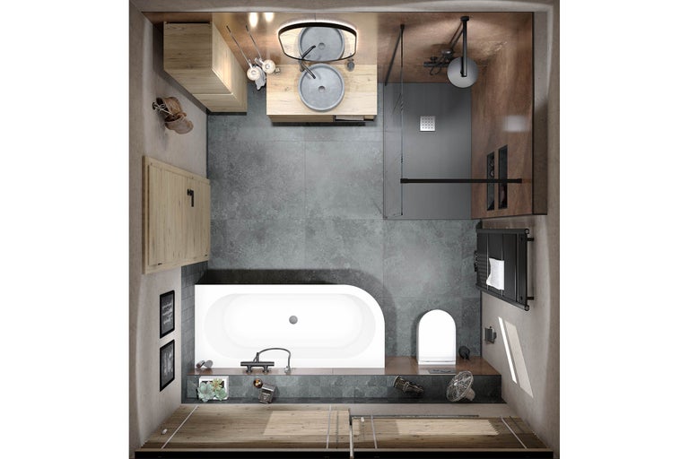 Bovenaanzicht van een badkamer met bad, douche, wastafel en toilet