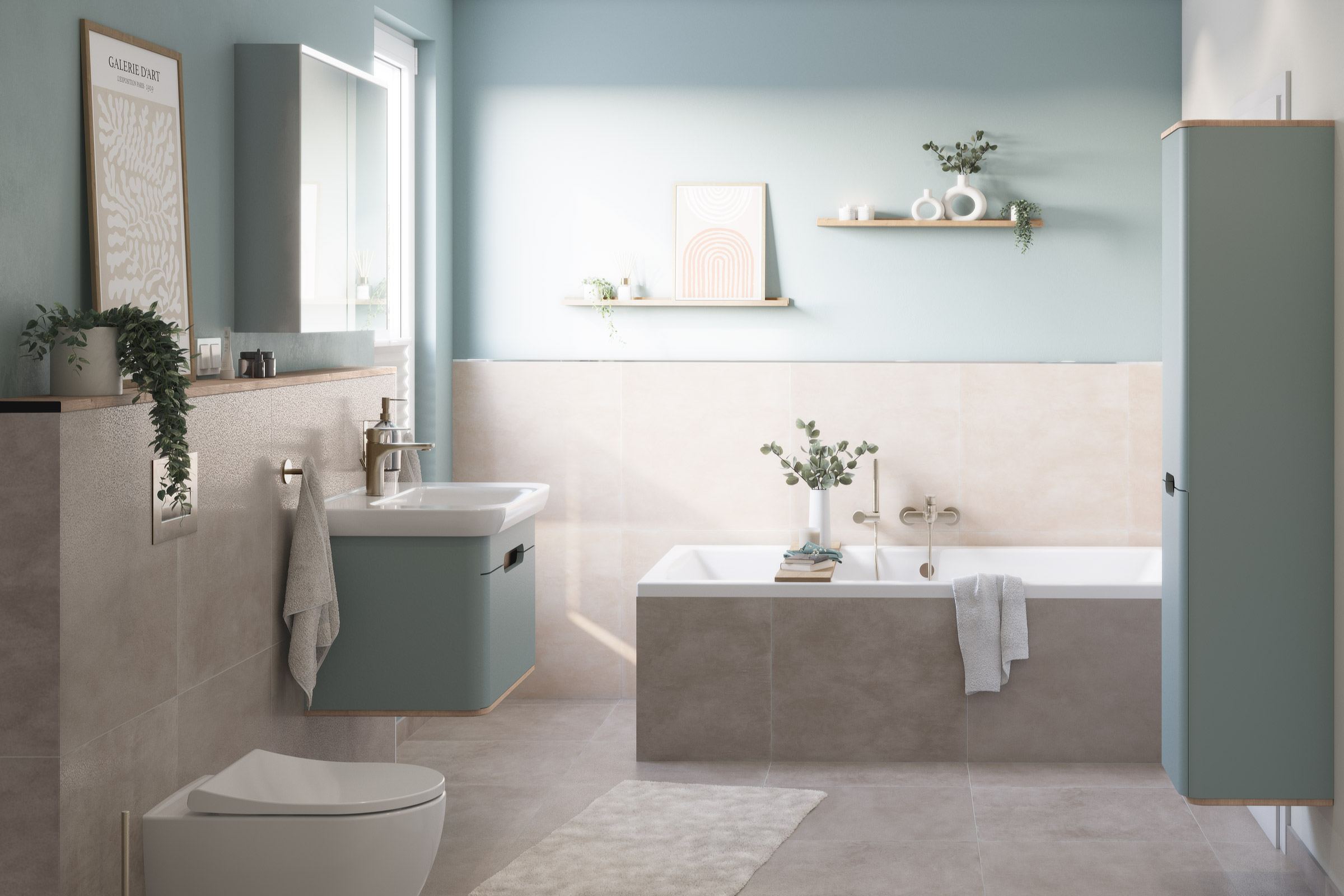 Lichte badkamer met wastafel, bad en toilet