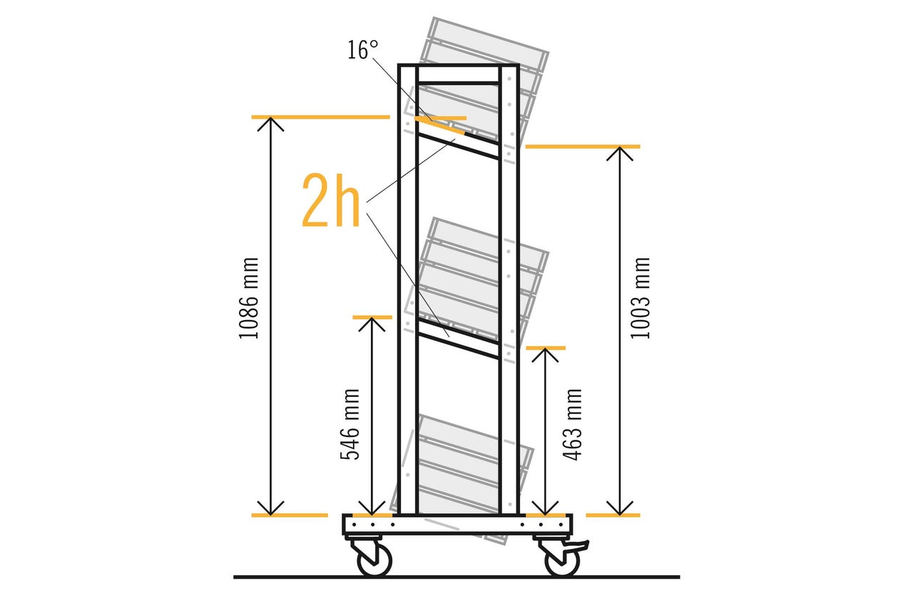 Technische tekening van een wijnrek met maatvoering