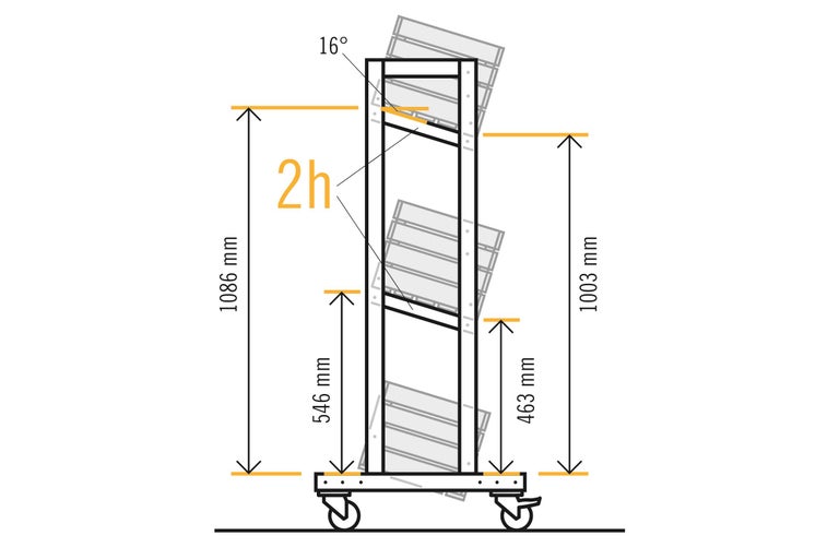 Technische tekening van een wijnrek met maatvoering