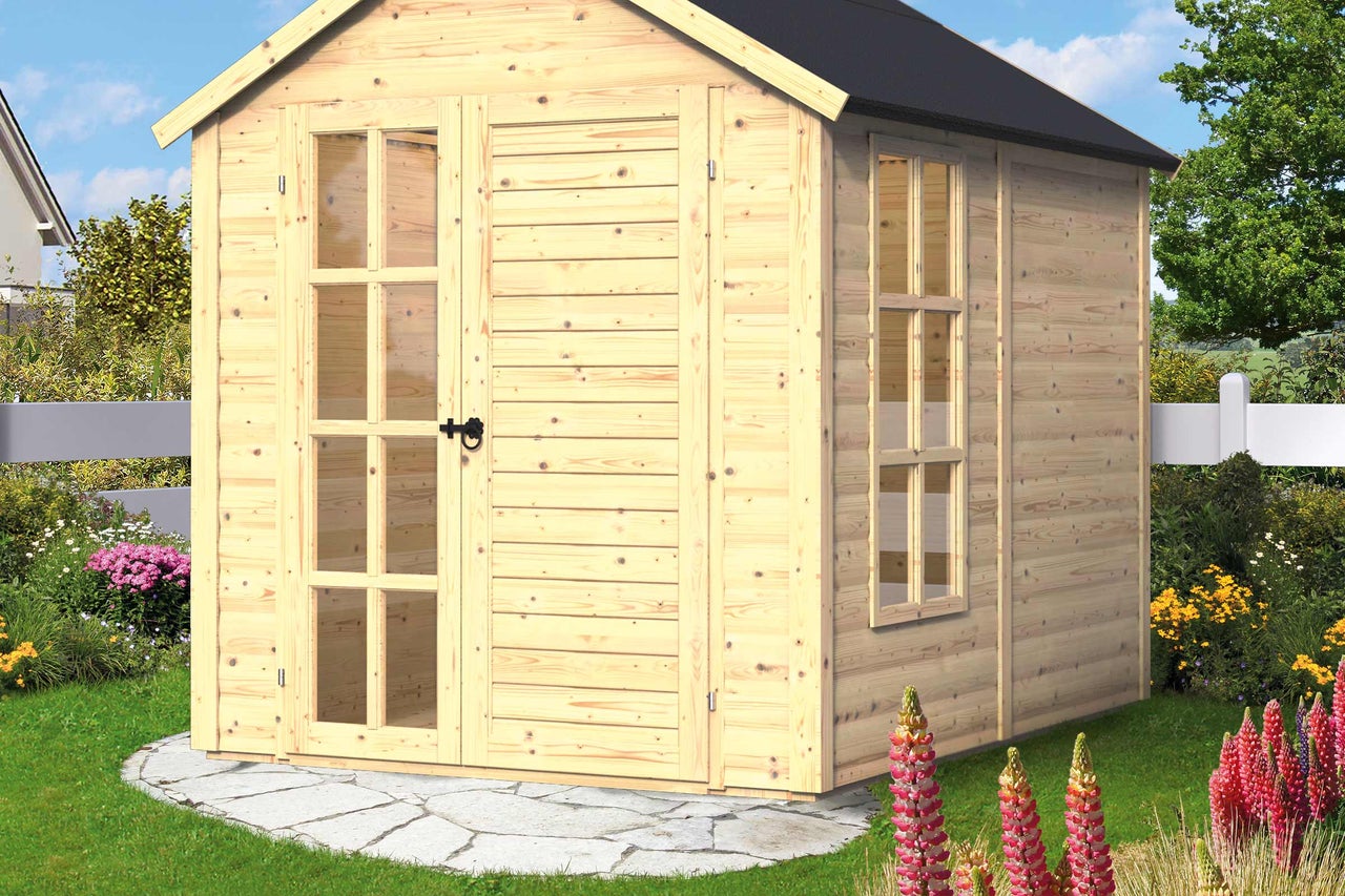Houten tuinhuis met dubbele deur en ramen voor buiten