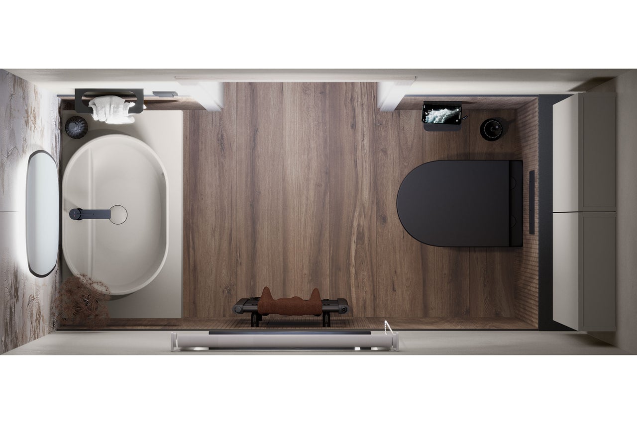 Overzicht van een moderne badkamer met bad, toilet, wastafel, spiegel, verwarming, zitbank, kast en houtlook vloer