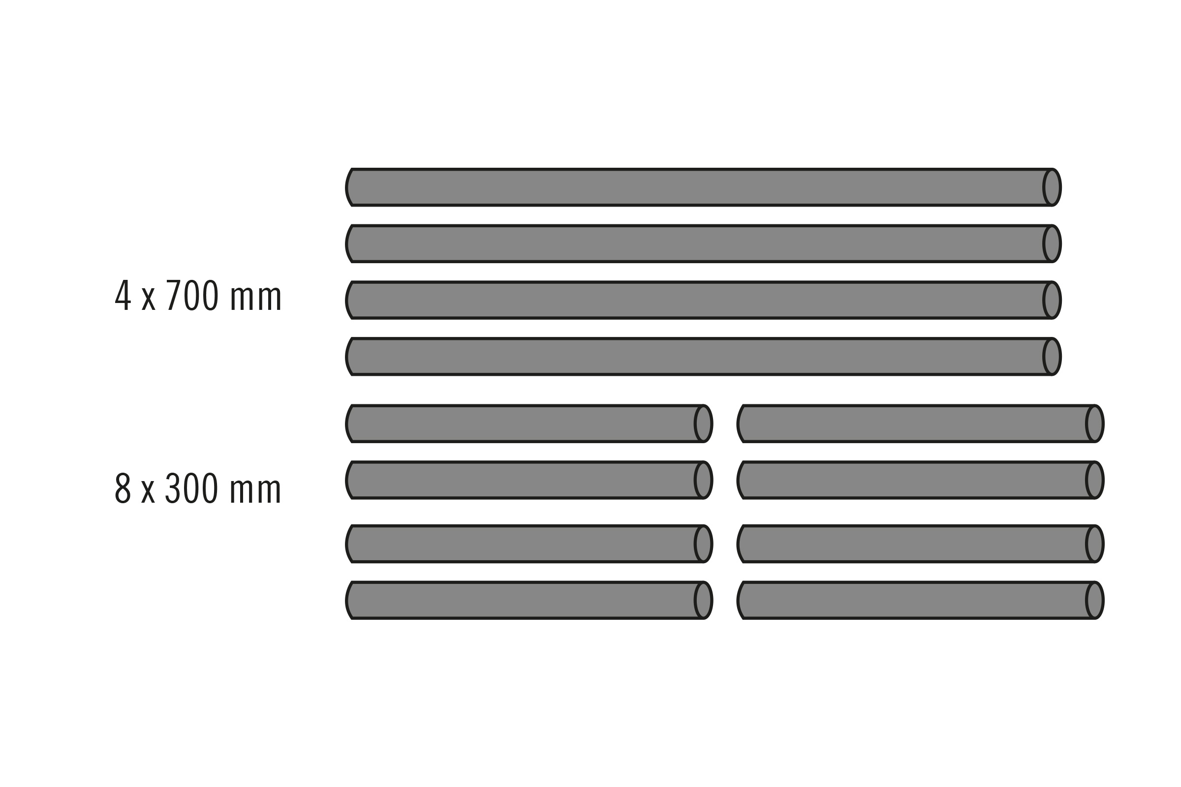 Illustratie van vier buizen met een lengte van 700 millimeter en acht buizen met een lengte van 300 millimeter