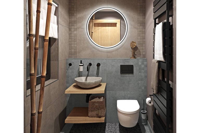 Moderne badkamer met wastafel, spiegel, toilet en handdoekradiator