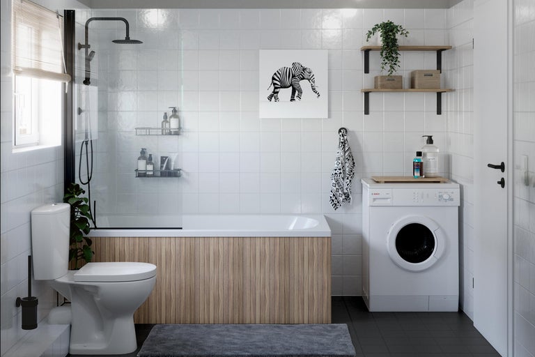 Moderne badkamer met douche, bad, toilet en wasmachine
