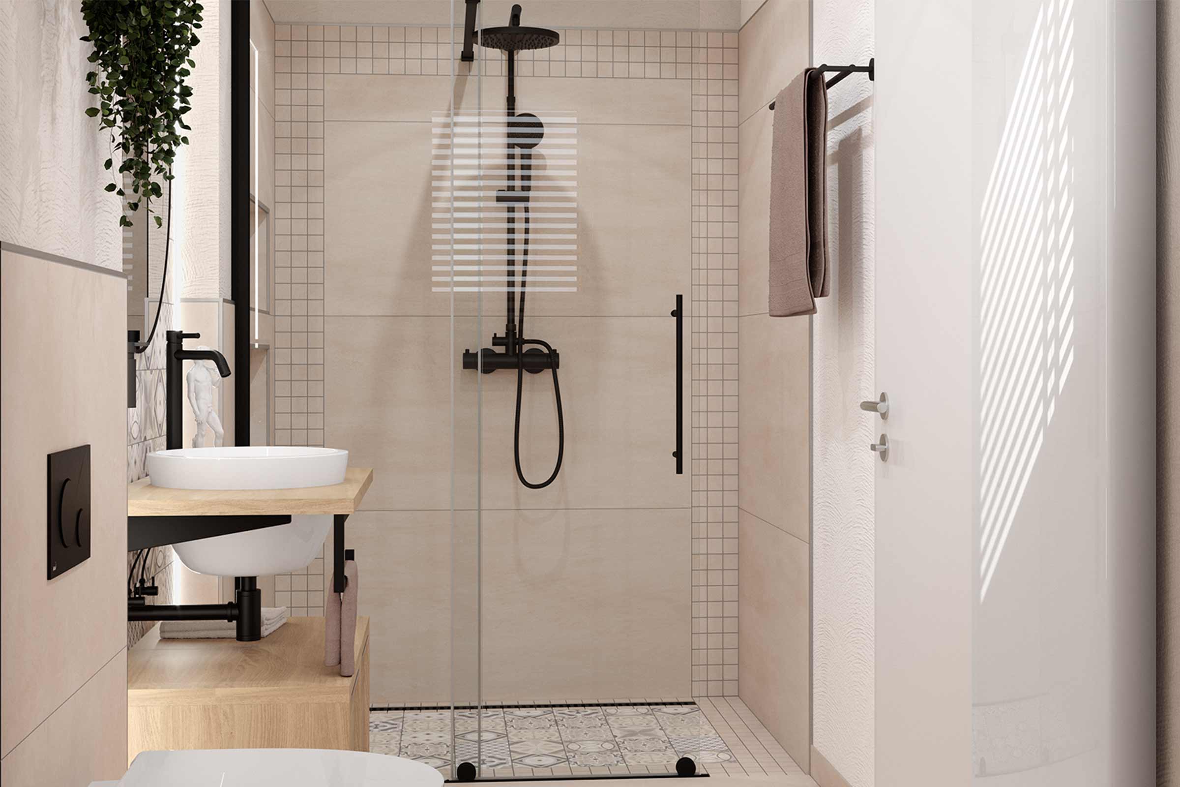 Moderne badkamer met douche, wastafel en lichte tegels