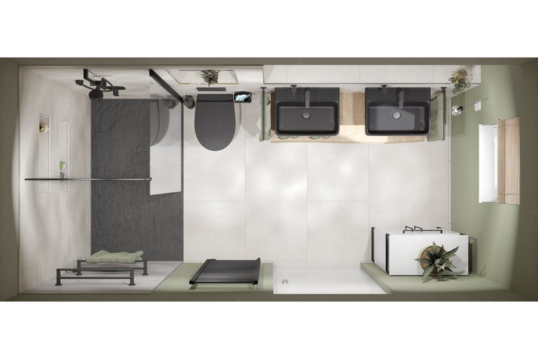 Bovenaanzicht van een badkamer met douche, toilet, twee wastafels en een ligbad