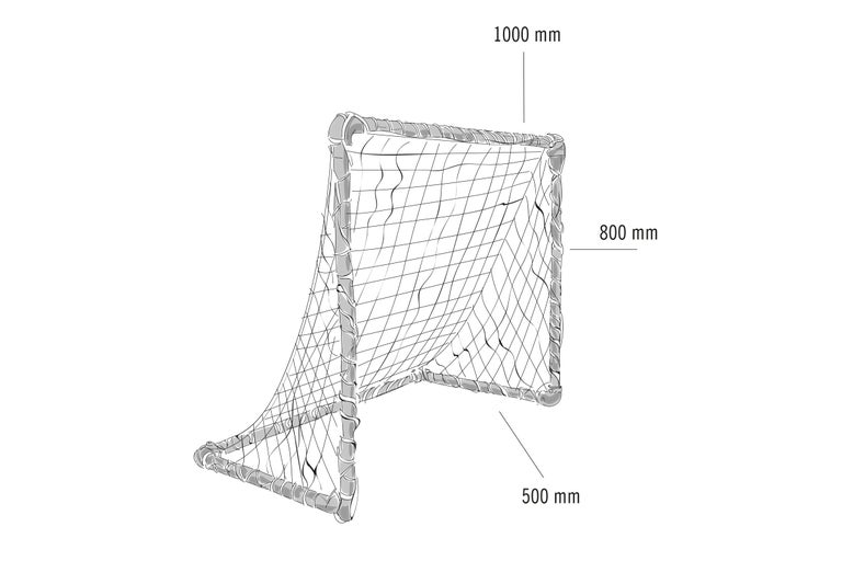 Afbeelding van een voetbaldoel met de afmetingen 1000 mm x 800 mm x 500 mm.