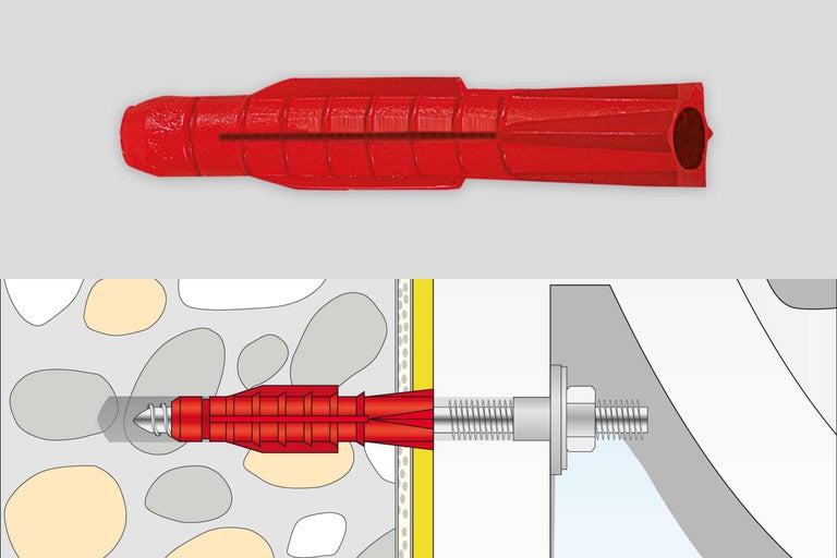 Kunststof spreidplug en schematische weergave van de toepassing
