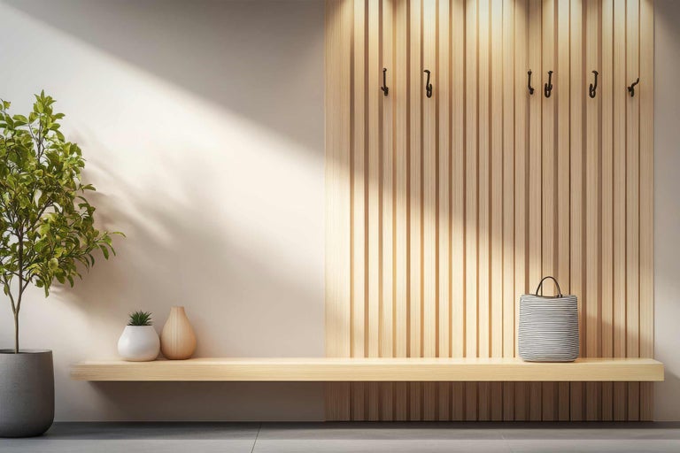 Lichte ruimte met garderobe, houten bank, plant en accessoires