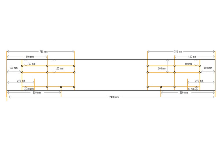 Diagram met afmetingen voor een houten constructieonderdeel, totale lengte 2480 millimeter