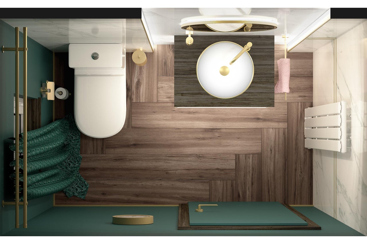 Bovenaanzicht van een moderne badkamer met een wit toilet, ronde opzetwastafel, goudkleurige kranen en vloertegels in houtlook.