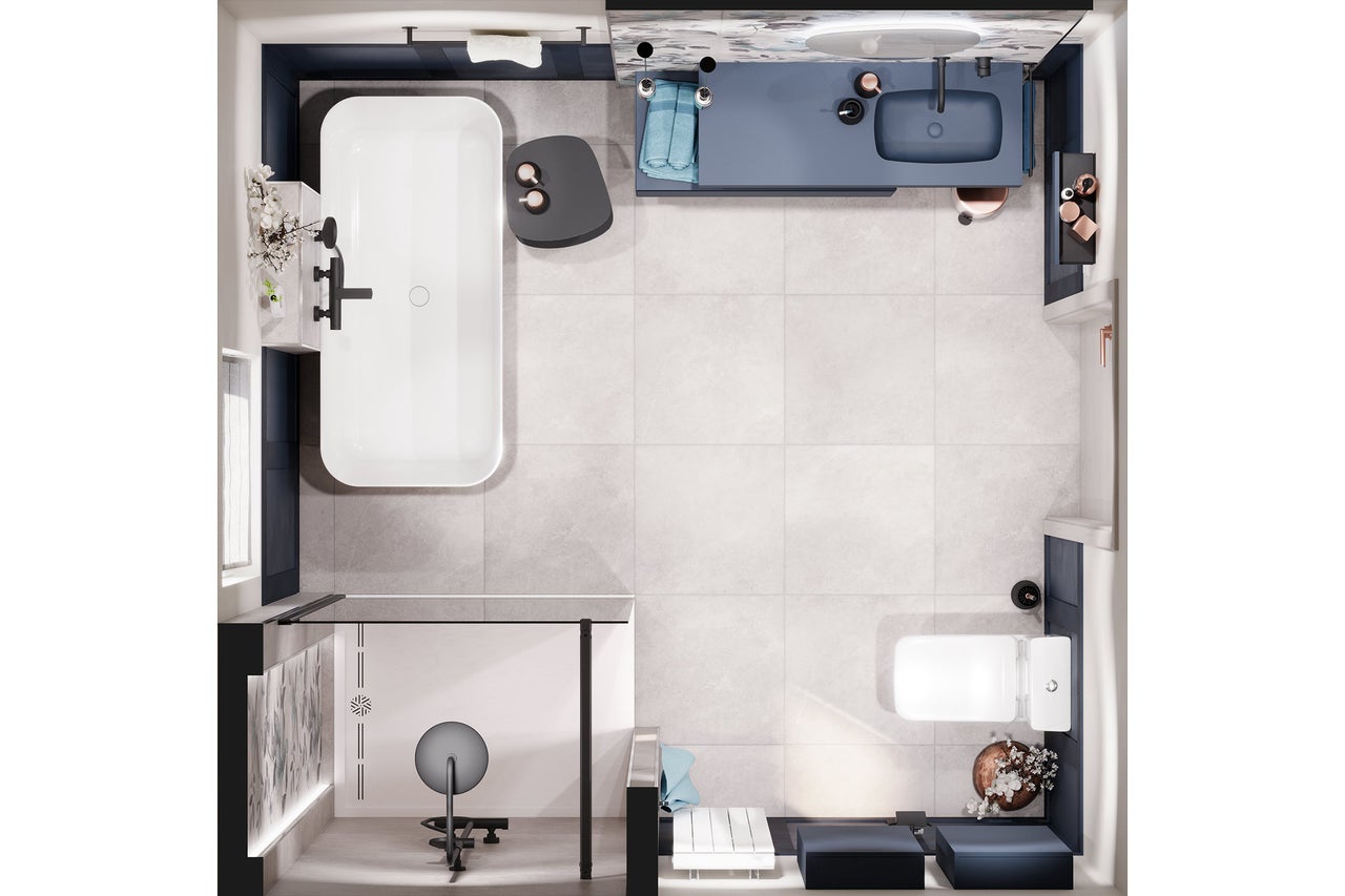 Bovenaanzicht van een badkamer met ligbad, wastafel, toilet en douche