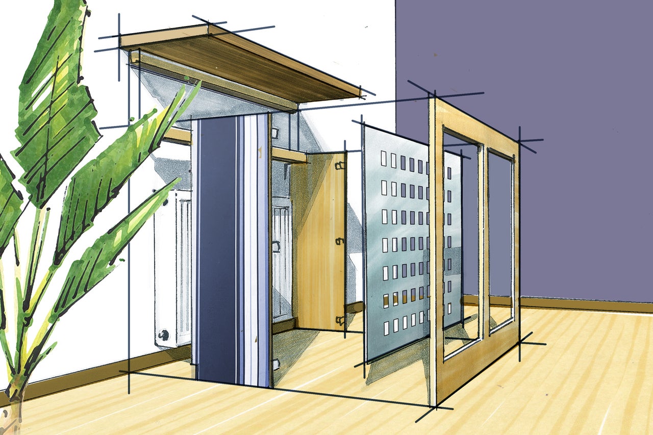 Schets van een badkamer met douche, toilet en wastafel