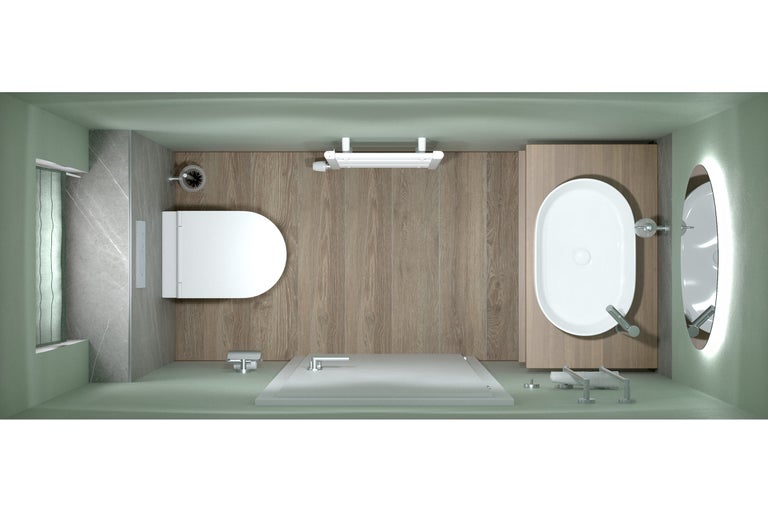 Bovenaanzicht badkamer met toilet, bad, douche en wastafel