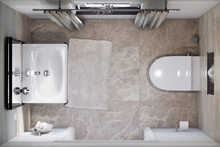 Badkamer met bad, toilet, wastafel en badmat in vogelperspectief