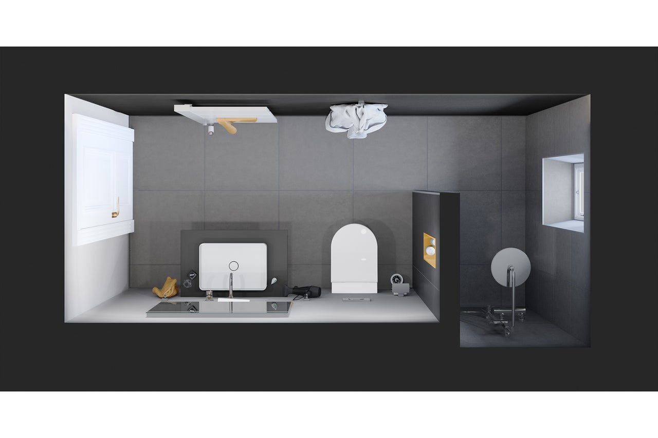 Moderne badkamer met wastafel, toilet, spiegel en opbergruimte