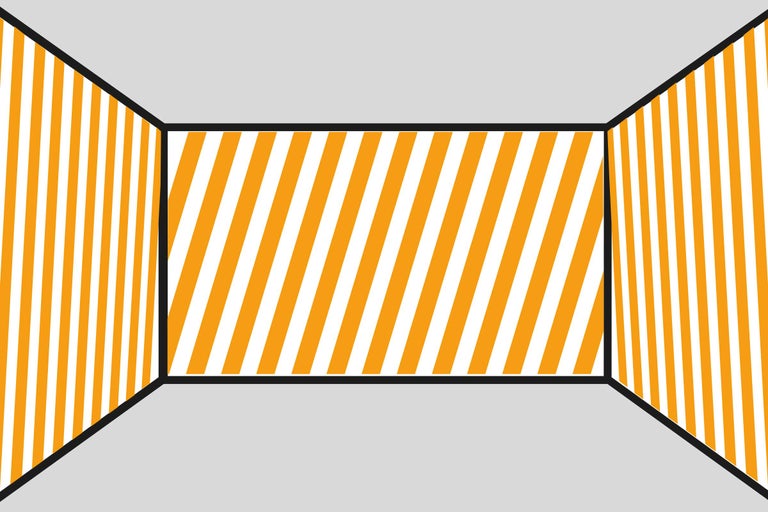 Grafische weergave van een ruimte met geel-witte waarschuwingsstrepen