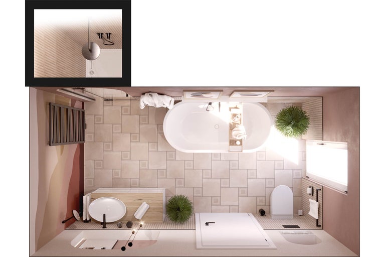 Bovenaanzicht van een badkamer met bad, toilet, wastafel en handdoekradiator.