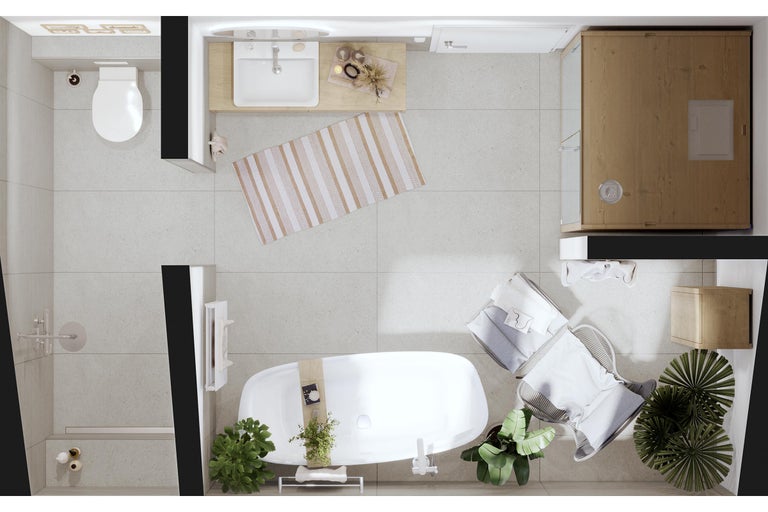 Vogelperspectief van een badkamer met bad, wastafel, toilet en sauna