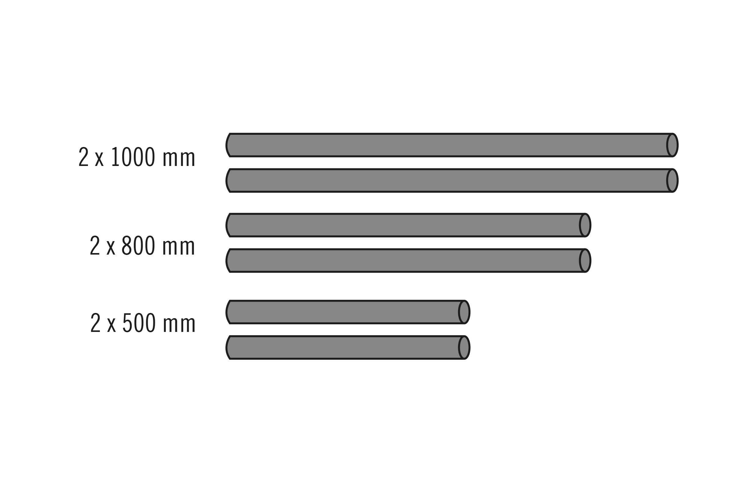 Buizen in verschillende lengtes: 2 x 1000 mm, 2 x 800 mm, 2 x 500 mm