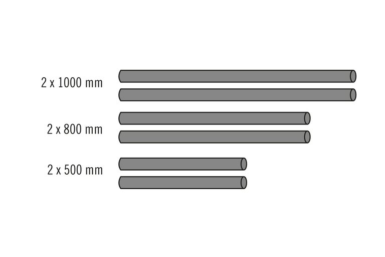 Buizen in verschillende lengtes: 2 x 1000 mm, 2 x 800 mm, 2 x 500 mm