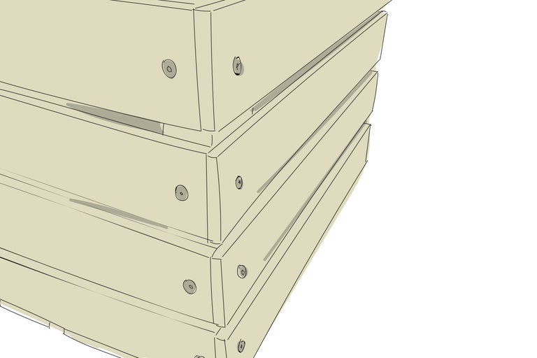 Drie houten bakken gestapeld, bevestigd met schroeven