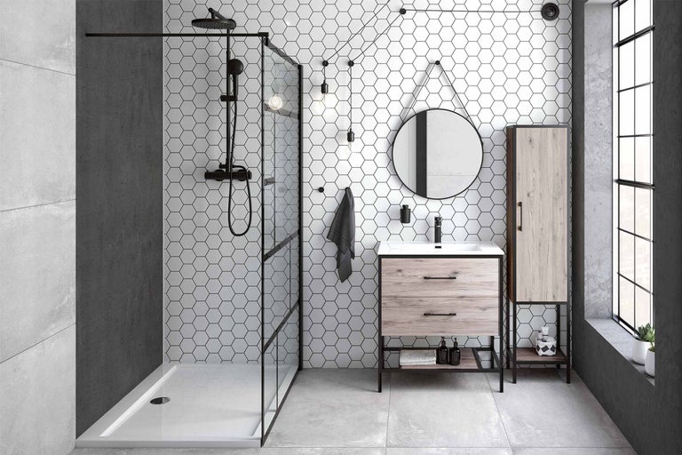Badkamer met douche, wastafelonderkast, spiegelkast en zeshoekige tegels