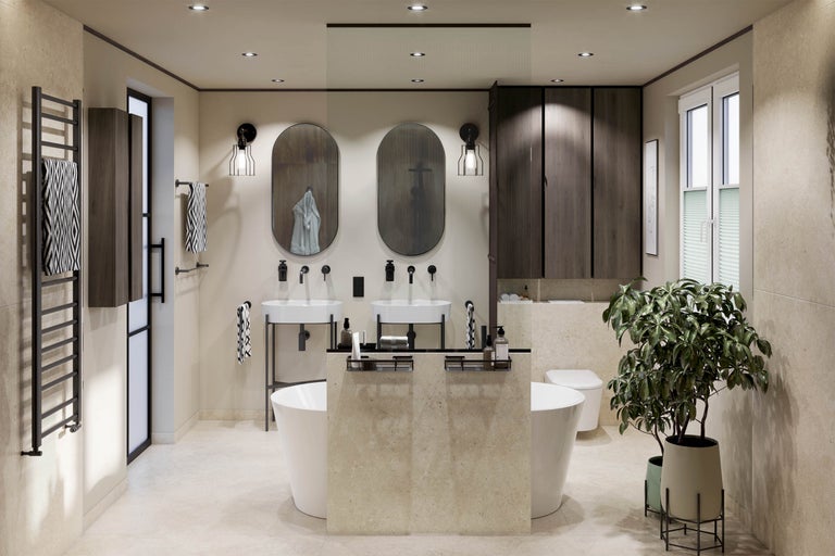 Moderne badkamer met twee ovale spiegels, dubbele wastafel, vrijstaand bad, donkere houten kasten en beige tegels.