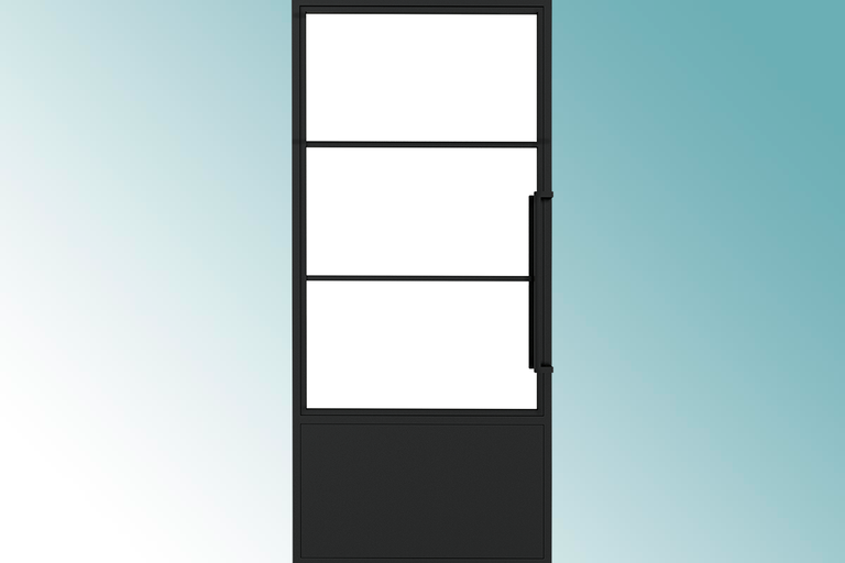 Zwarte binnendeur met glazen panelen en deurklink