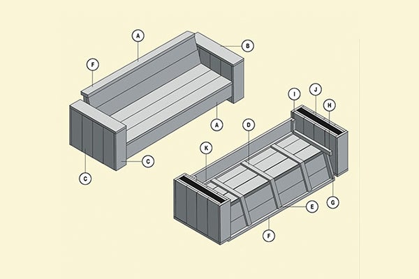 Illustratie van een houten tuinbank bouwpakket met identificatie van de afzonderlijke onderdelen