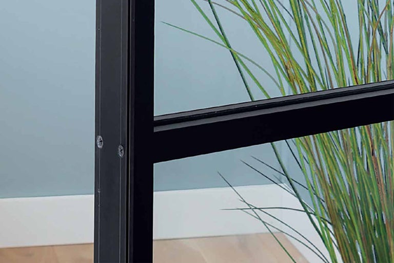 Detailopname van een raamconstructie met fijn frame en planten op de achtergrond