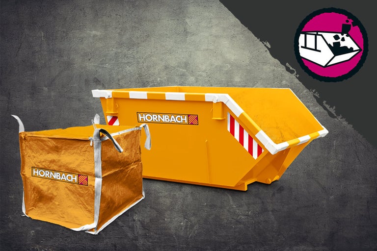 Afvalcontainer en big bag met Hornbach logo