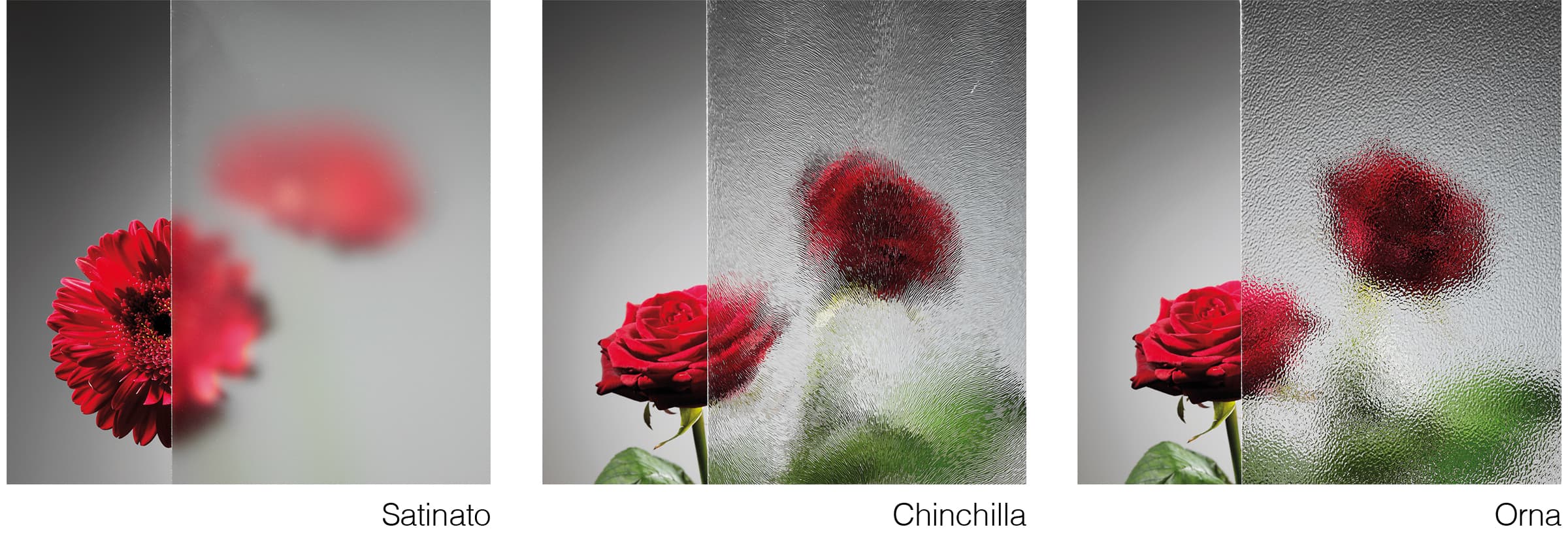 Decoratief glas met de aanduidingen Satinato, Chinchilla en Orna