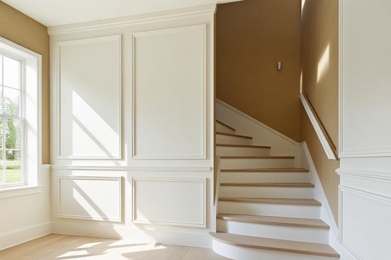 Lichte hal met trap, wandpanelen en raam voor een stijlvolle sfeer