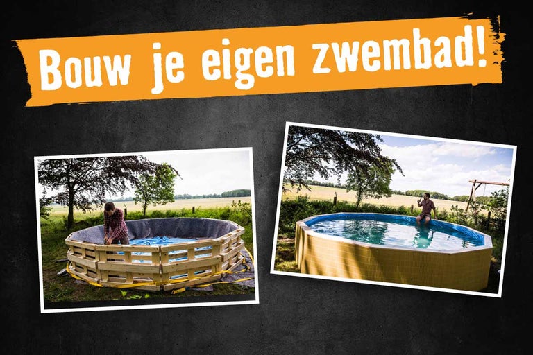 Bouw van een zwembad in de tuin met houten constructie