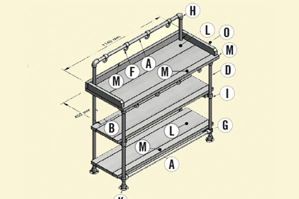 Afbeelding van een rek met drie niveaus en metalen frame