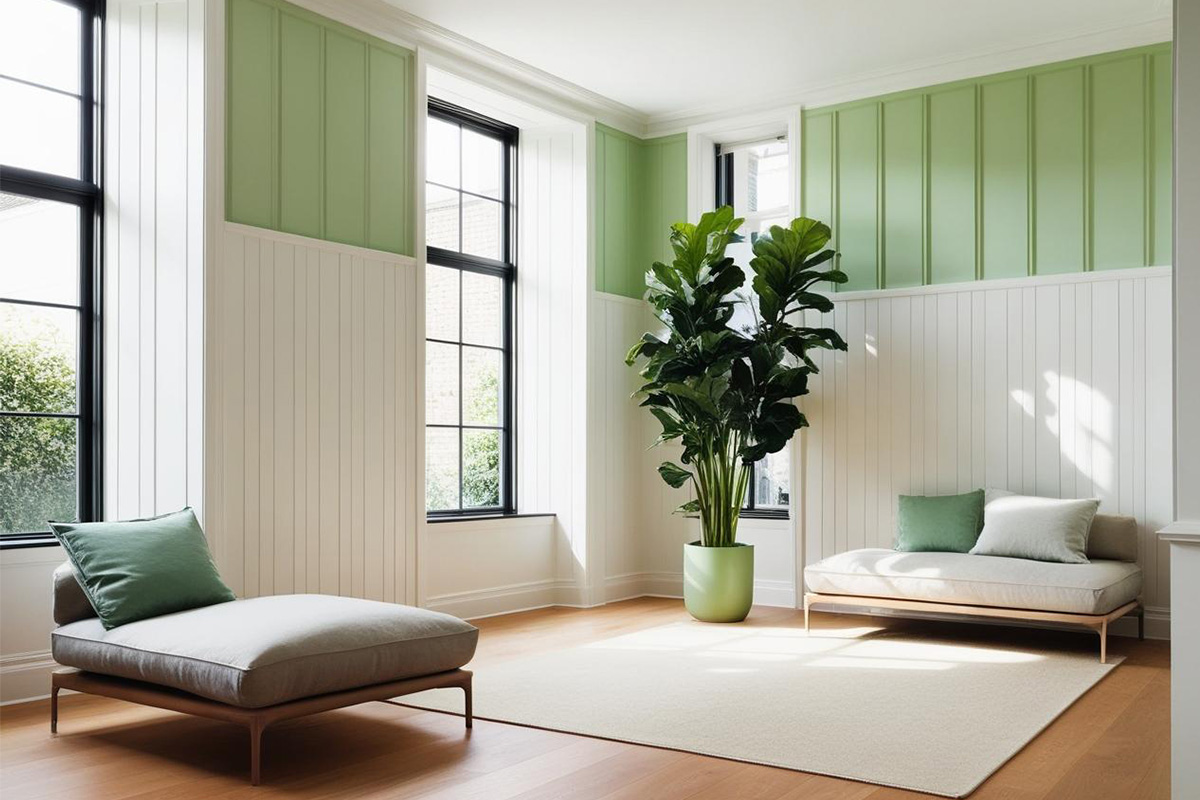 Lichte woonkamer met zitmeubelen, tapijt, kamerplant en wandpanelen