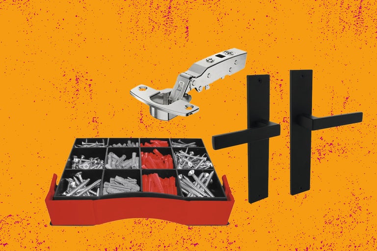 Meubelscharnier, schroeven en pluggen in sorteerdoos, deurkrukstel