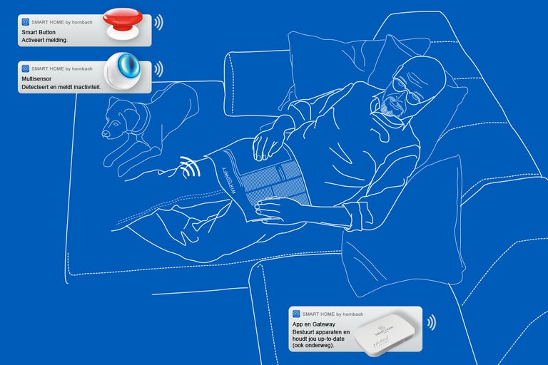 Illustratie van een man die op een bank ligt, met een Smart Button, een multisensor en een app met gateway van Smart Home by Hornbach