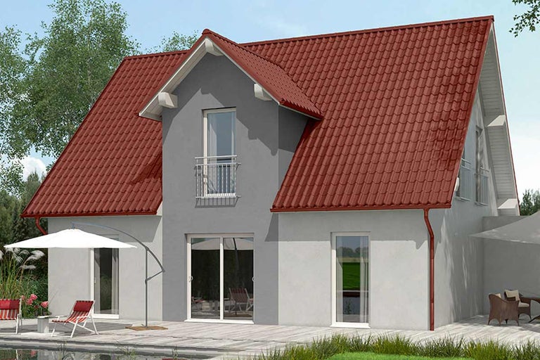 Huis met rood pannendak en grijze gevel