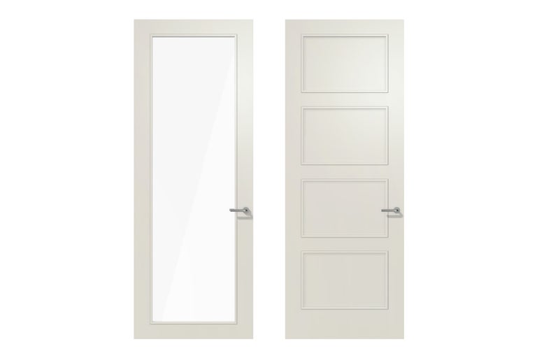 Twee binnendeuren: één met glazen inzetstuk en één met drie rechthoekige panelen