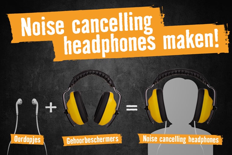 Illustratie van het maken van geluidsonderdrukkende hoofdtelefoons met oordopjes en gehoorbeschermers