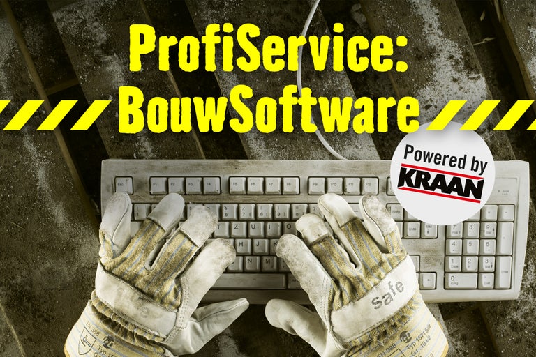 Scene met werkhandschoenen, een computertoetsenbord en het opschrift ProfiService: Bouwsoftware