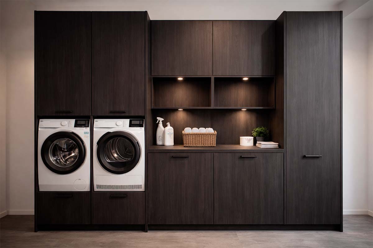 Wasruimte-inrichting met wasmachine, droger en donkere houten kasten