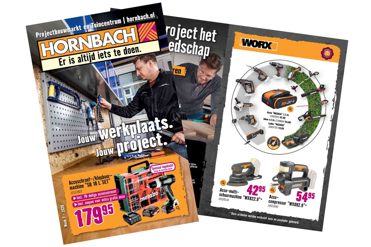 Meerdere Hornbach reclamefolders met gereedschap en tuingereedschap.